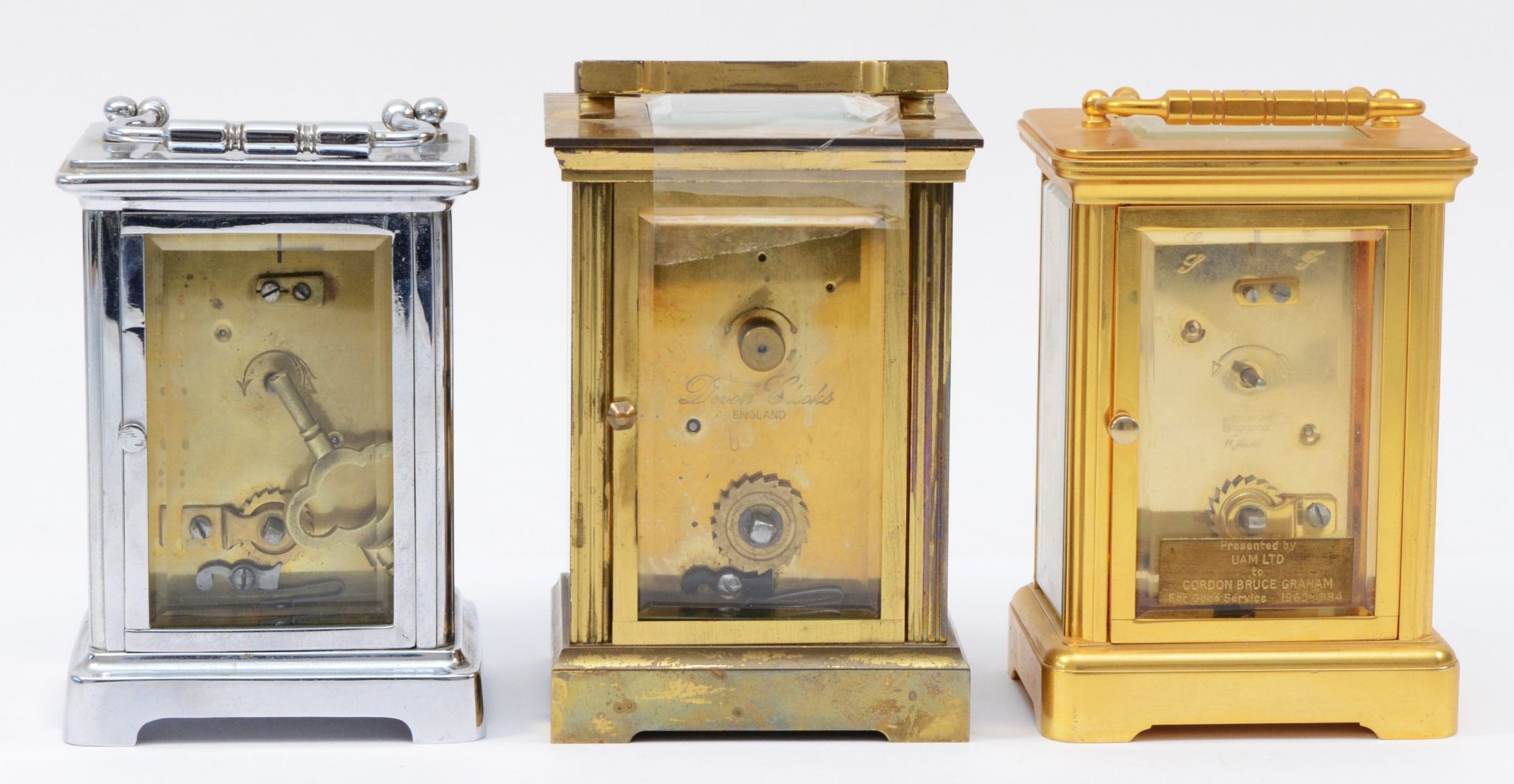 Two 20th century brass 8 day carriage clocks, enamelled dials with Roman numerals, together with a - Image 3 of 4