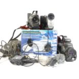 Five video camcorders comprising of a samsung VP-W60, a Hitachi VM-E45E, a Canon UC9HiE, a JVC GR
