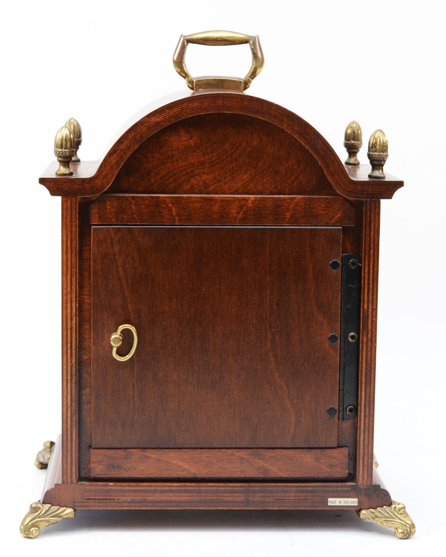 A modern Dutch mahogany case bracket clock, the arched brass dial with silvered chapter ring - Image 3 of 5