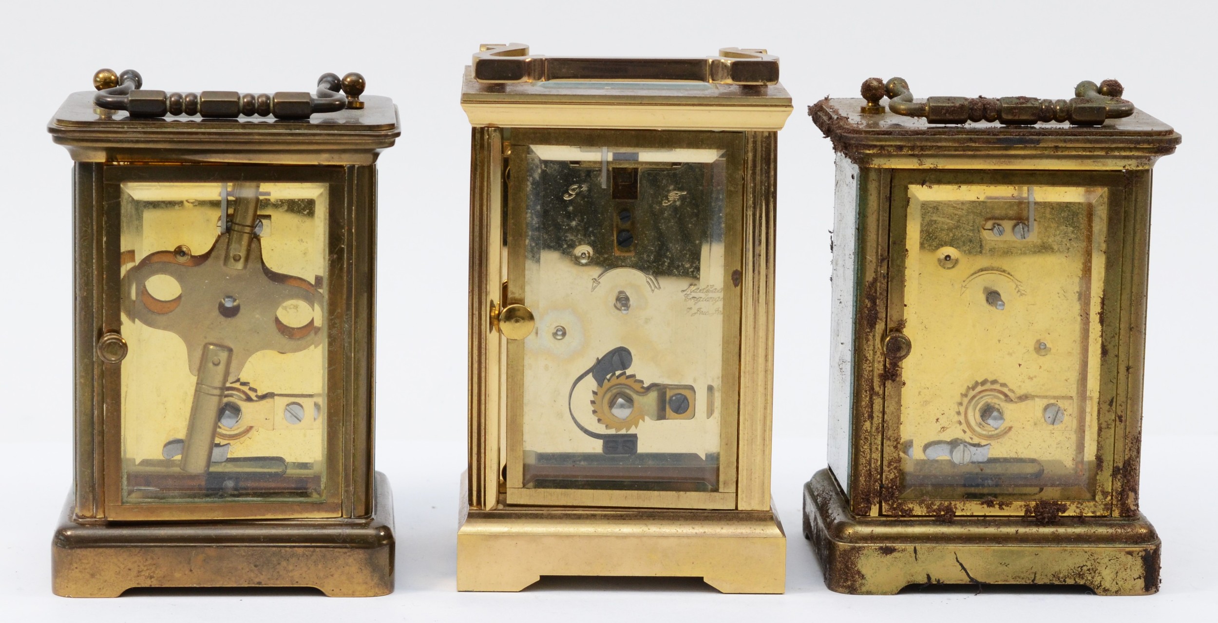Three brass cased carriage clocks, circa late 20th century, having enamelled dials with Roman - Image 3 of 5