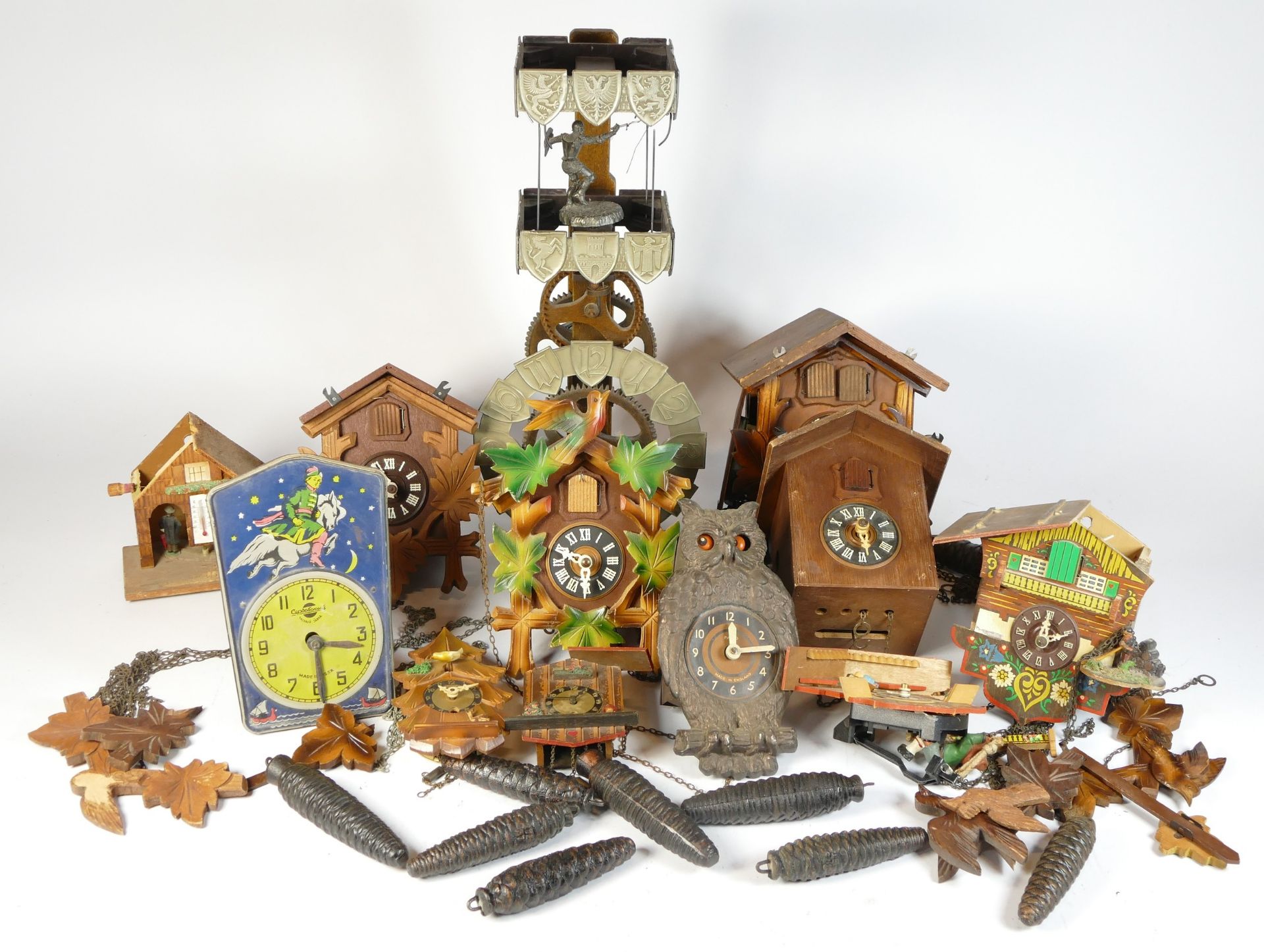 A collection of mid 20th century cuckoo clocks, having mechanical movements, for spares or repair.