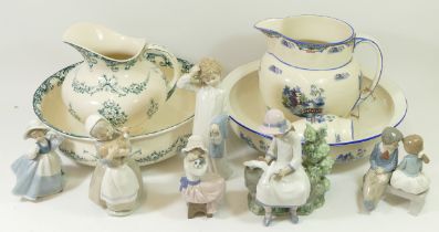Six Nao porcelain figurines, together with two pairs of Edwardian pottery jug & bowl sets. (2)