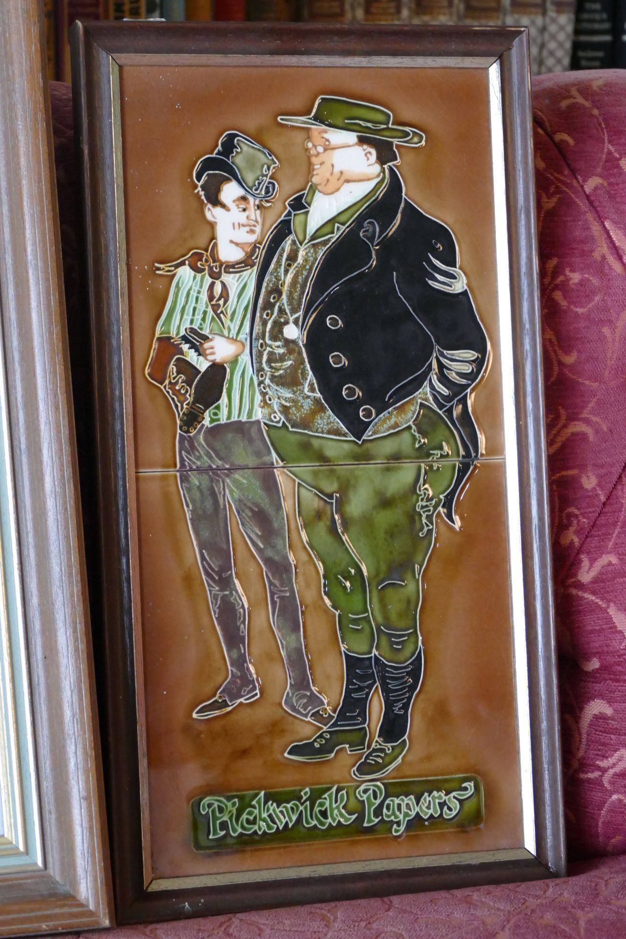 A Majolica painted tiled picture depicting 'Pickwick Papers' characters, framed 44x23cm, together - Image 3 of 3