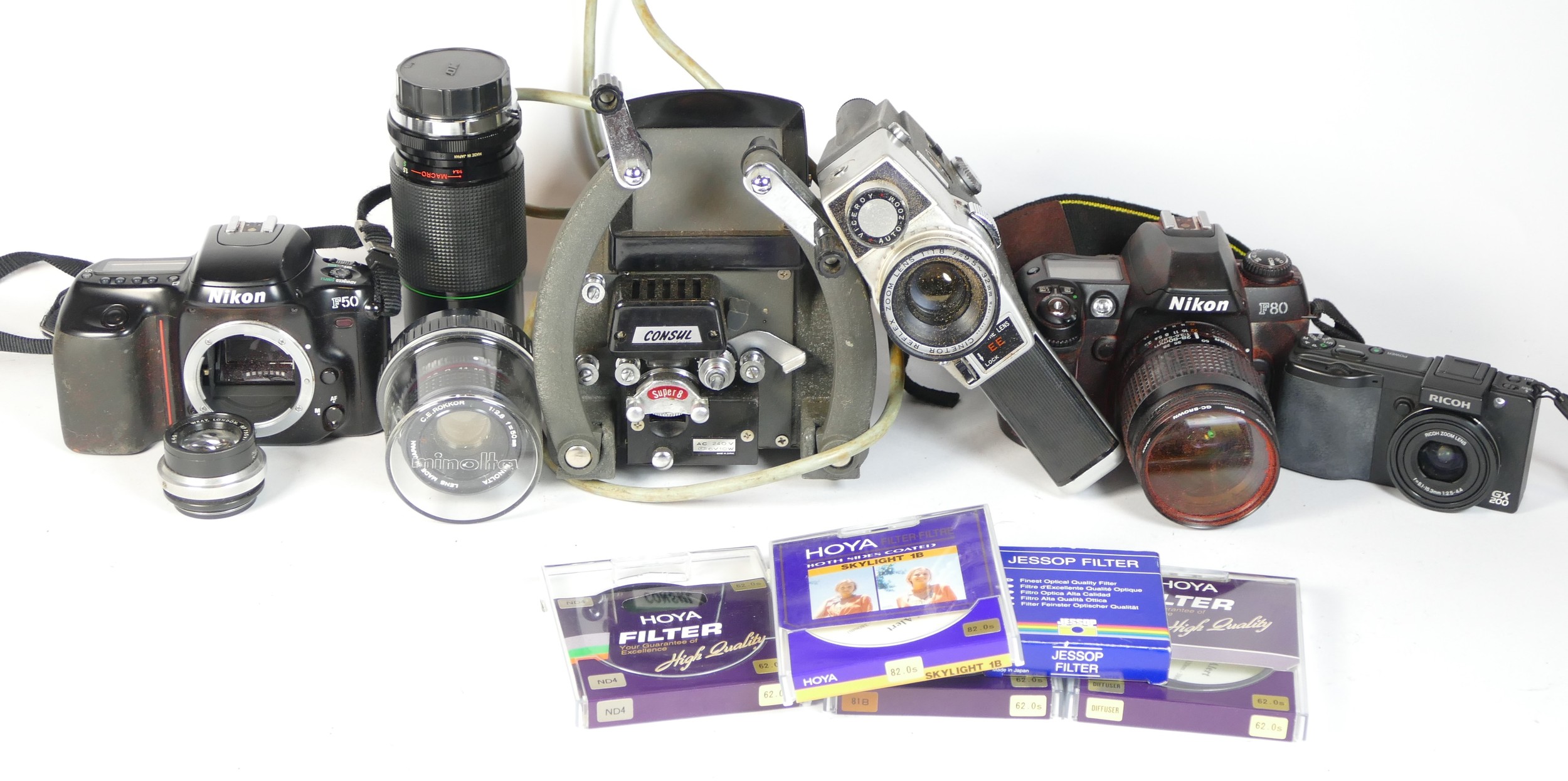 Two SLR vintage film cameras comprising of a Nikon F50 and a Nikon F80, together with a Ricoh