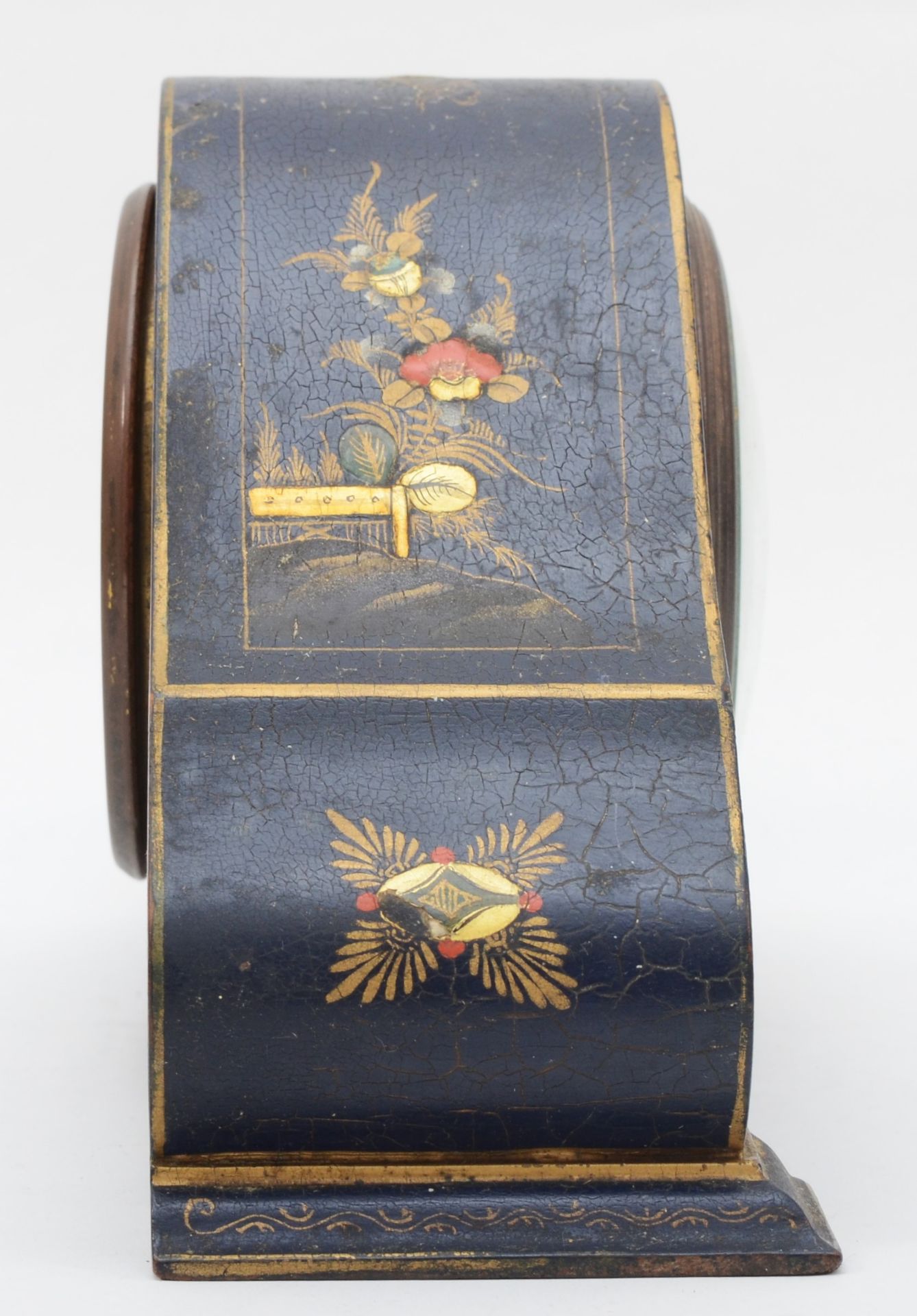 A 1930s Swiss lacquered cloisonne cased drumhead mantle clock, 25cm wide. - Image 2 of 5