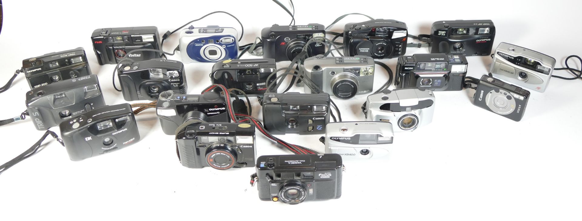 Twenty compact film cameras to include a Canon Sure Shot, a Yashica, an Olympus Trip XB40 AF and a