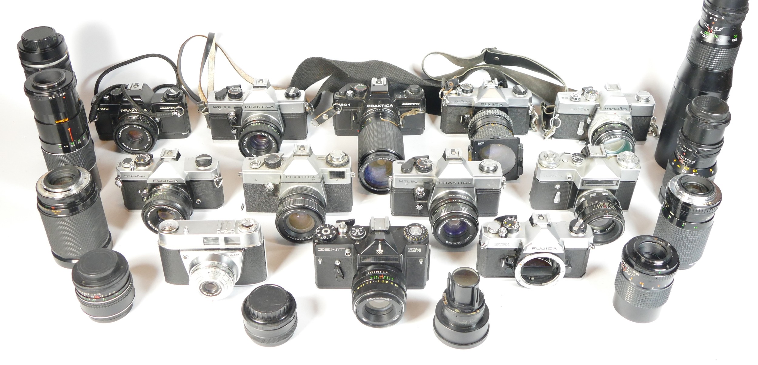 Twelve SLR vintage film cameras to include a Praktica B100, a Zenit E, a Fujica STX-1 and a