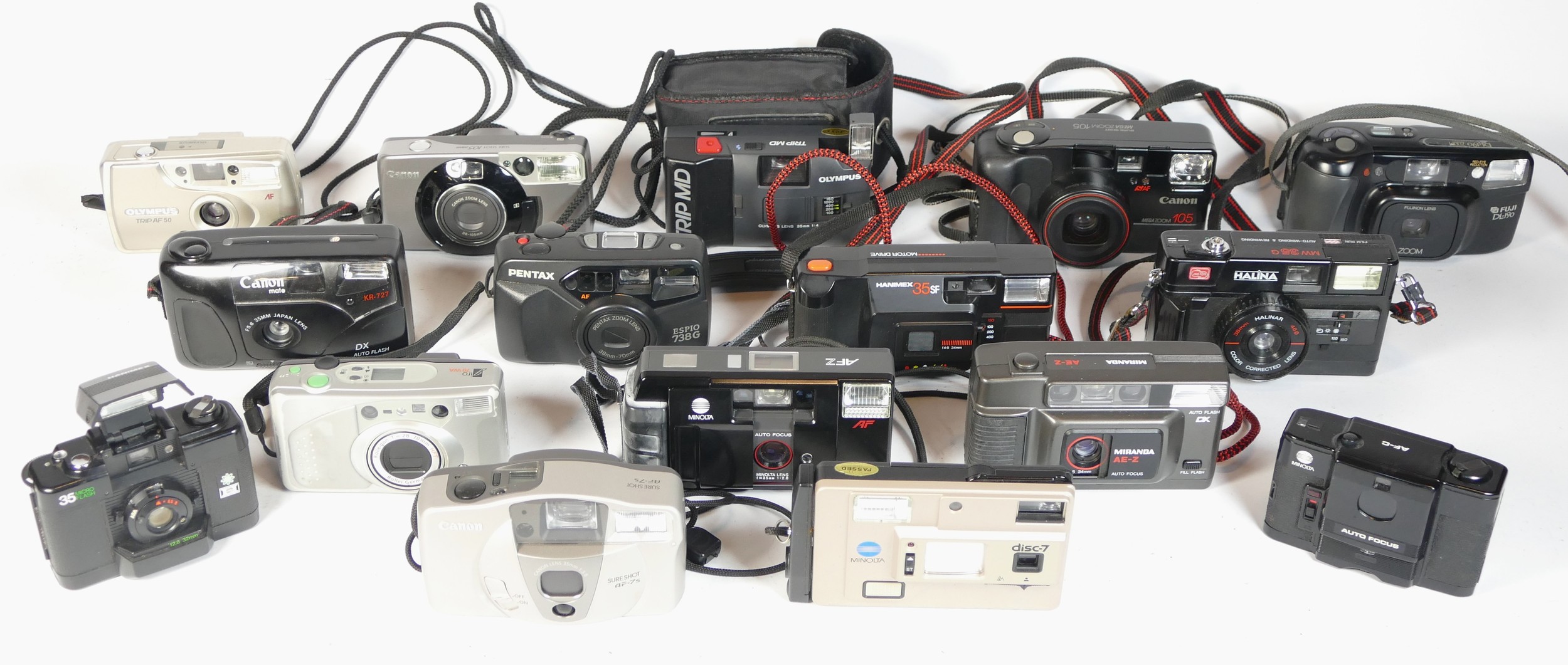 Sixteen compact film cameras to include a Canon 105, an Olympus Trip AF50, a Minolta AF-C and a