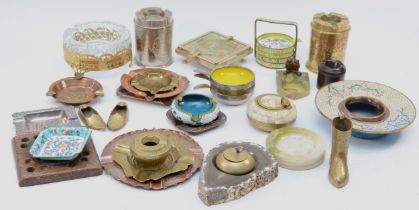 A collection of mid 20th century table ashtrays, to include cloisonne, glass, brass, onyx, and other