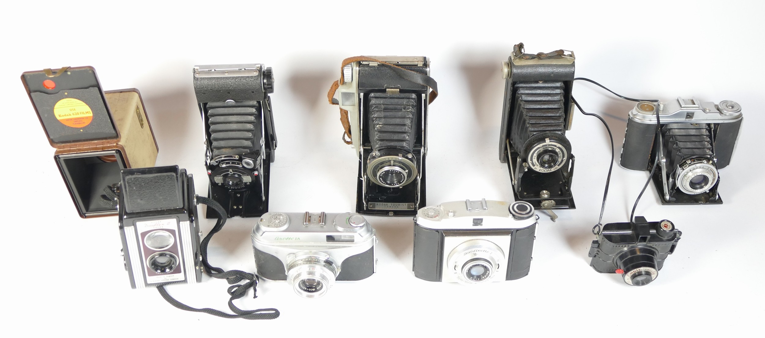 Nine mixed cameras to include an Empire Baby, a Kershaw Eight-20 Penguin and a Kodak Brownie.