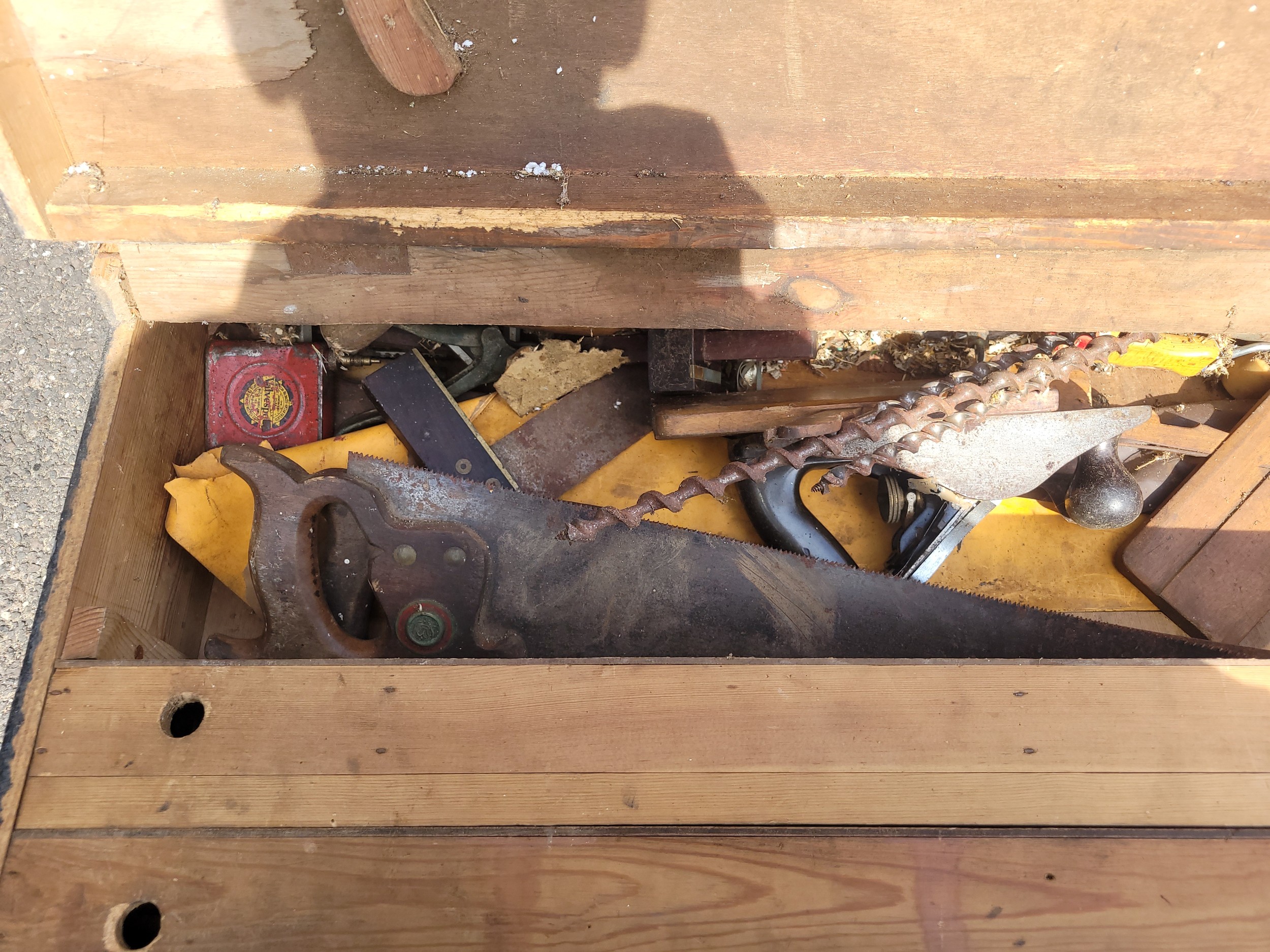 Two carpenters tool chests and contents, to include spanners, saws, planes, drill bits, socket - Image 3 of 6