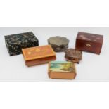 A collection of six jewellery boxes, circa mid 20th century, comprising four with musical movements,