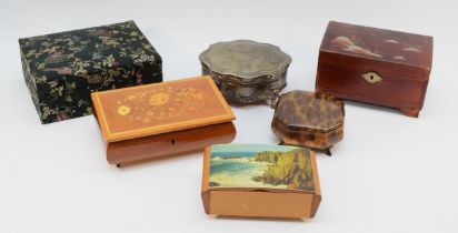 A collection of six jewellery boxes, circa mid 20th century, comprising four with musical movements,