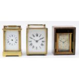 A French miniature brass carriage clock, of square form with enamelled dial and Roman numerals,