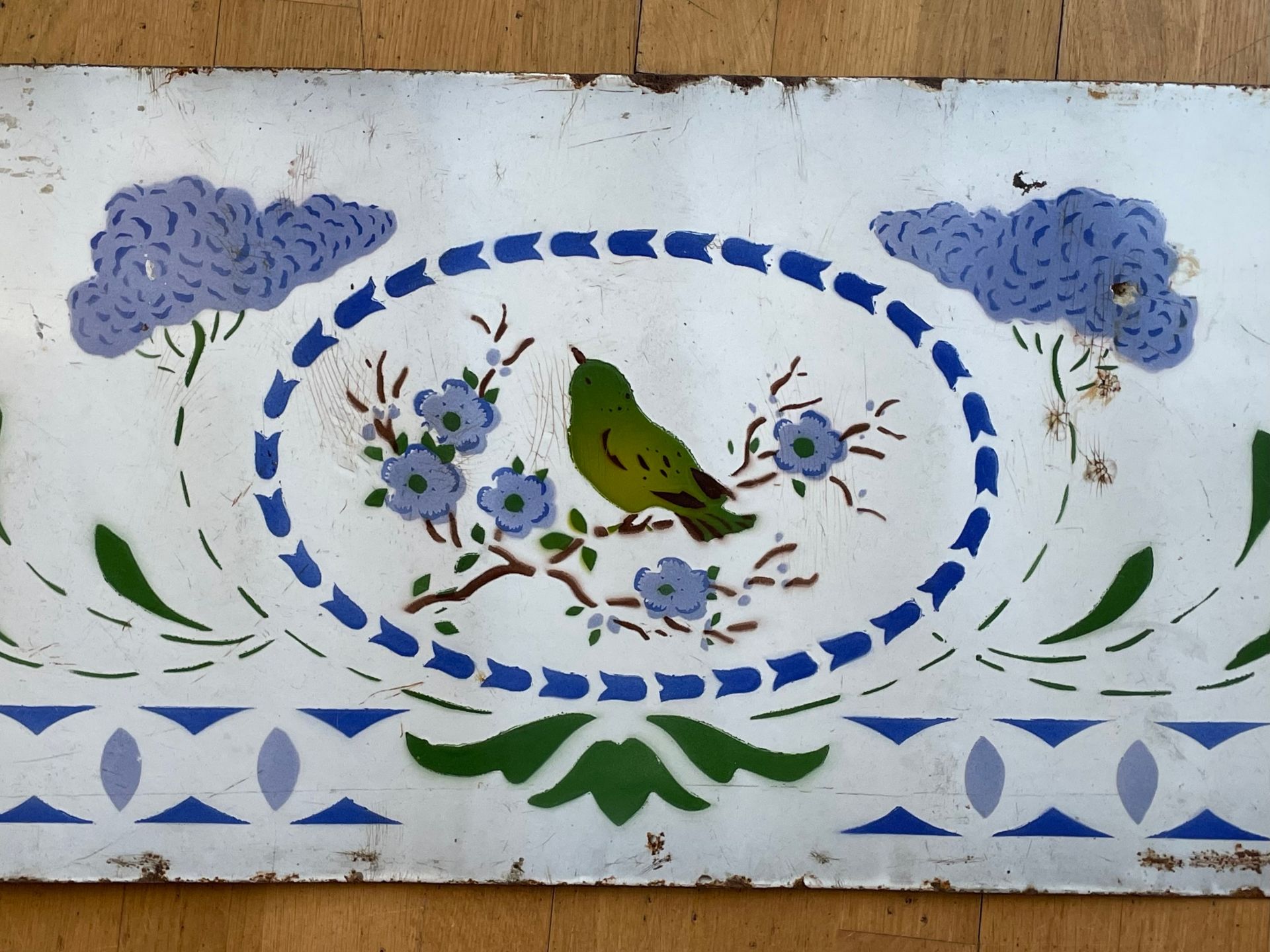 An early 20th century vitreous enamelled panel, depicting a bird amongst foliage. 122x38cm. - Image 4 of 5