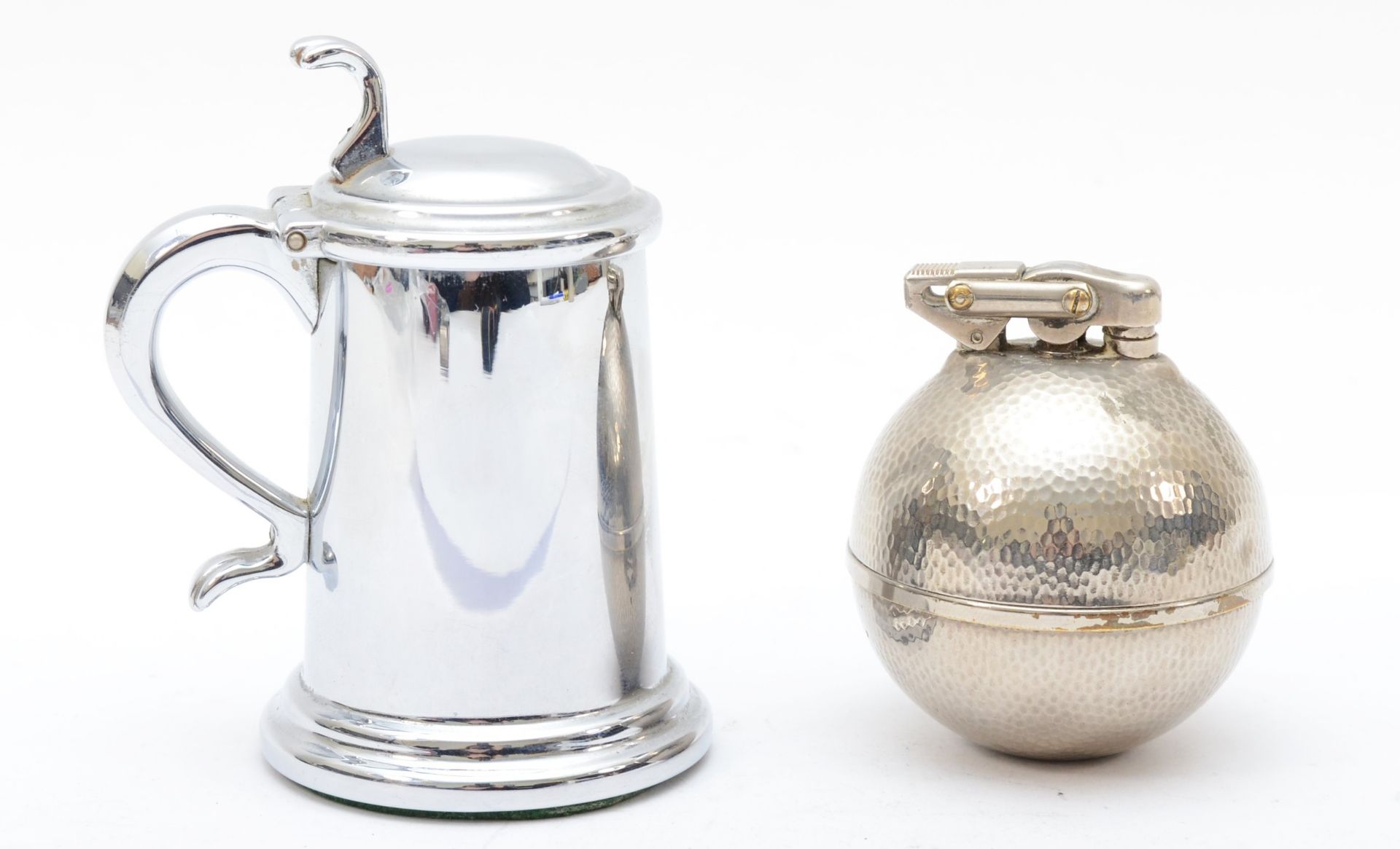 Dunhill, a chrome plated novelty petrol table lighter in the form of a lidded tankard, 9cm and - Image 2 of 4