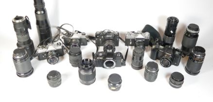 Seven SLR vintage film cameras to include a Fujica ST605n, a Konica C35, a Centon DF300 and a