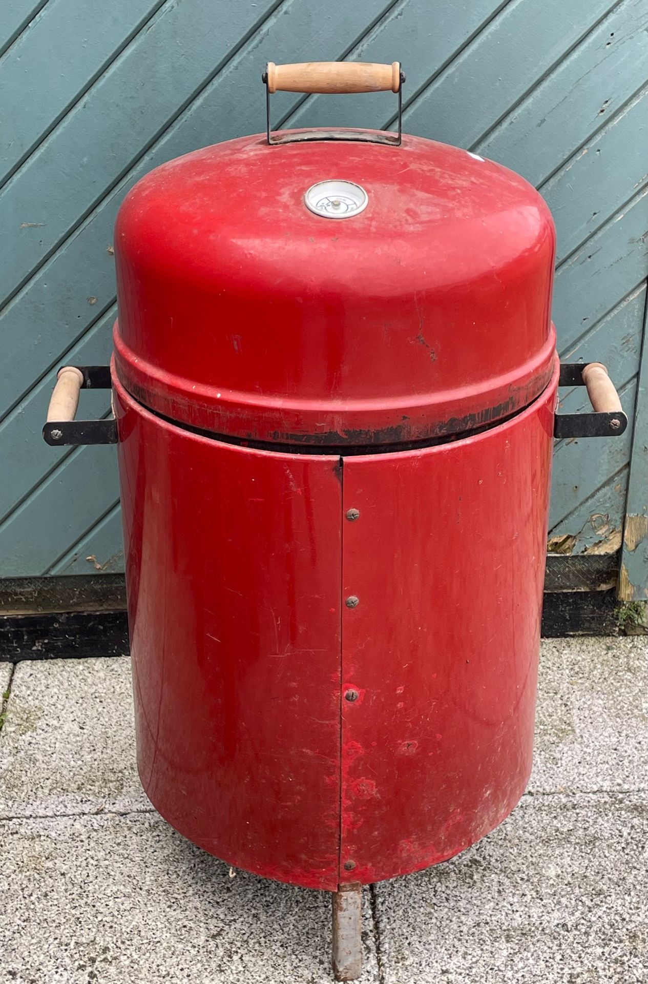 A child's pine garden table, 90cm diameter with six matching pine stools and a drum BBQ. - Image 3 of 4