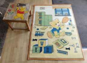 A light oak child's play table, having carved and painted top of Winnie The Pooh, 51x51cm,