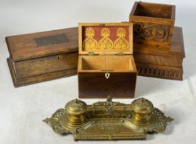An early 20th century gilt brass pen stand, having twin lidded ink pots, together with four