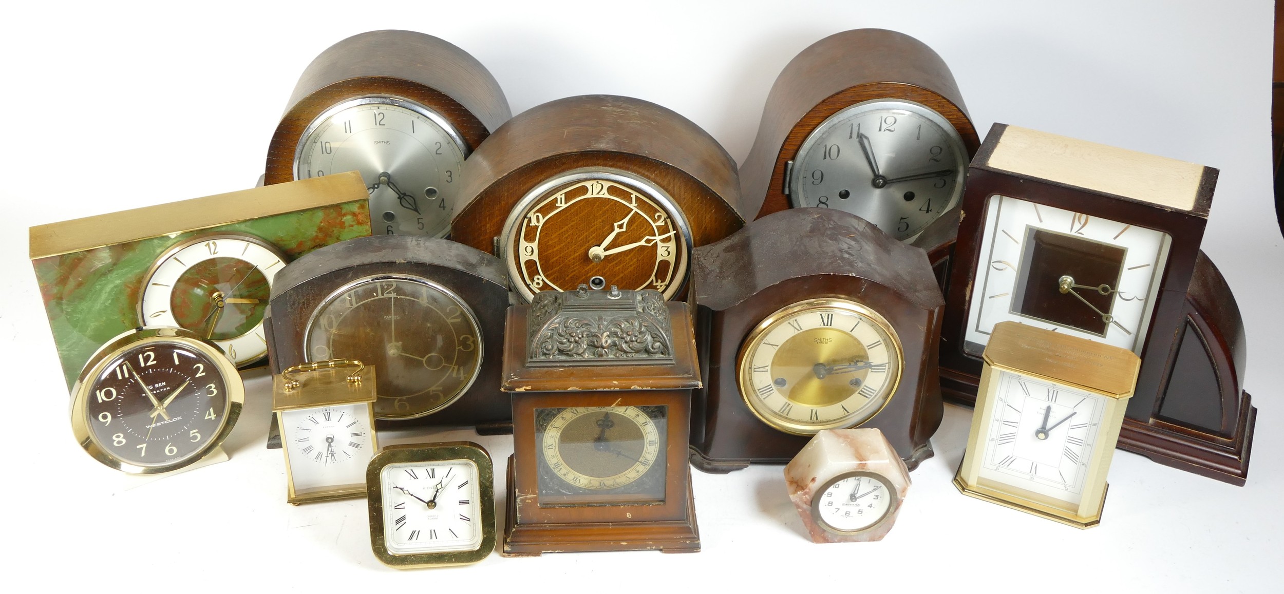 A collection of mid 20th century and later mantel clocks, alarm clocks and barometers in three - Image 2 of 3