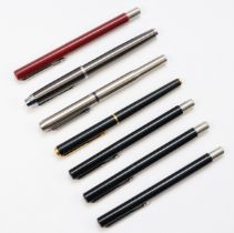 Parker, a brushed stainless steel fountain pen, cartridge filling and six other Parker fountain pens