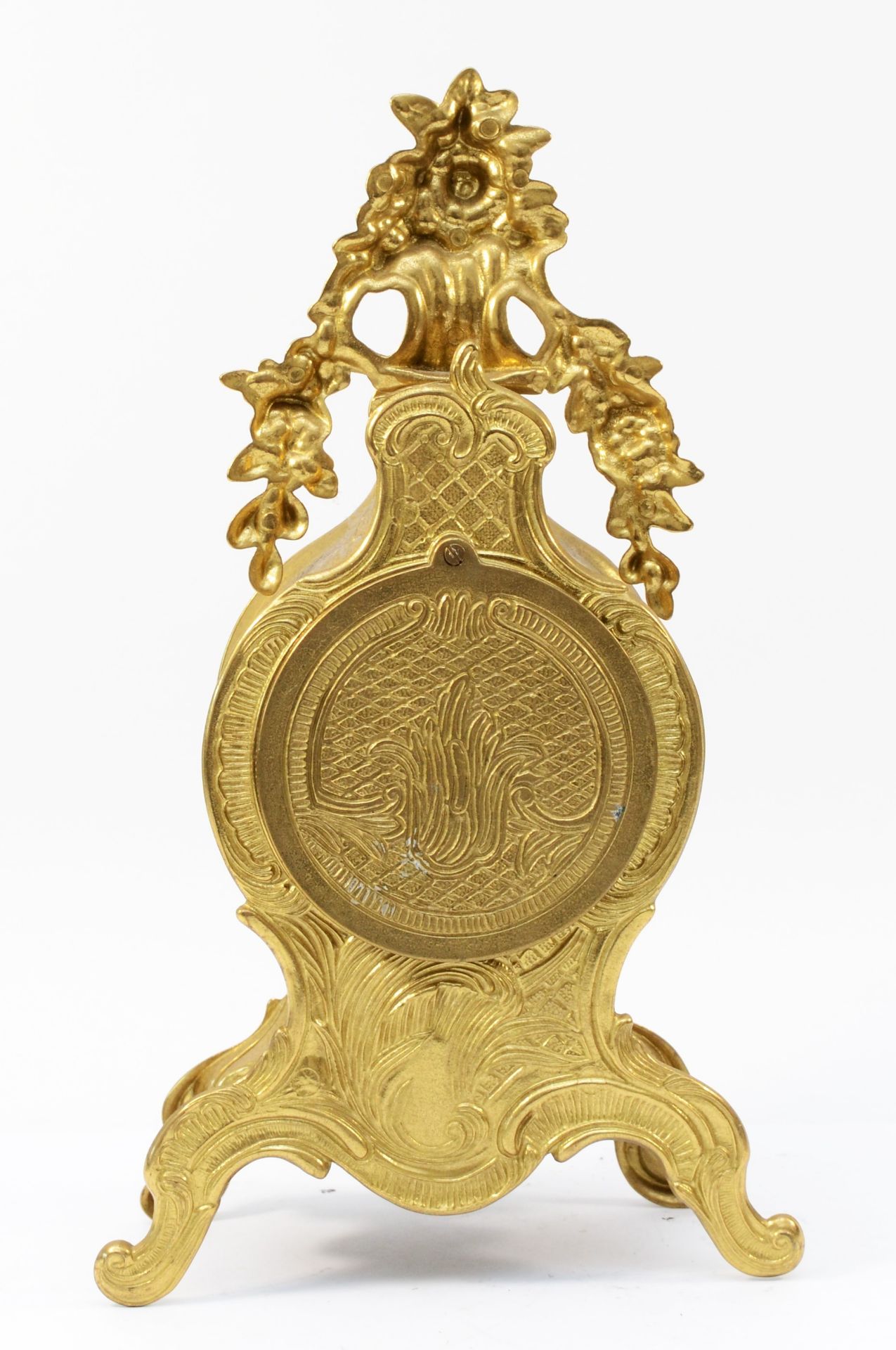 A 20th century Italian gilt metal Rococo style mantel clock, the bombe shaped leaf swept case - Image 3 of 5