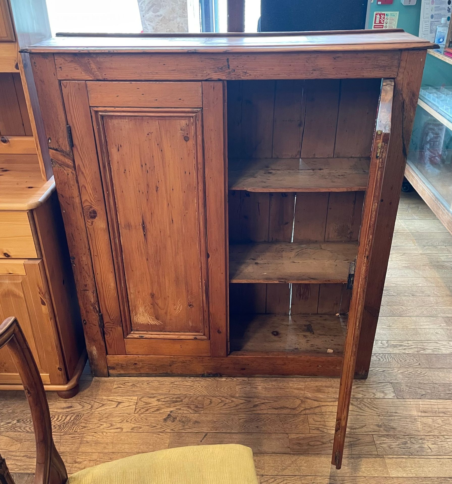 A late 19th century pitch pine kitchen cabinet, the twin panelled doors opening to reveal two fitted - Image 2 of 2