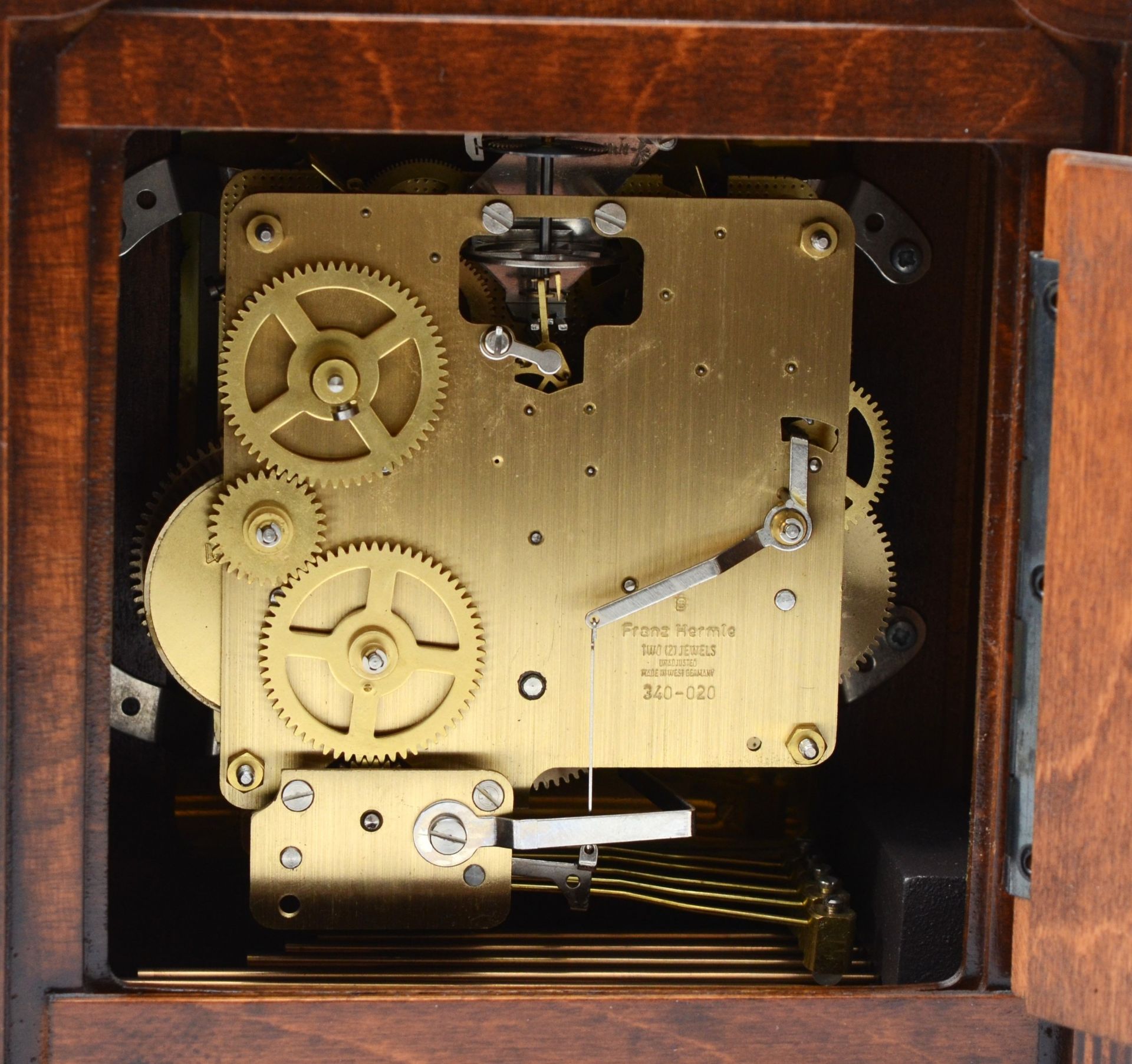 A modern Dutch mahogany case bracket clock, the arched brass dial with silvered chapter ring - Image 4 of 5