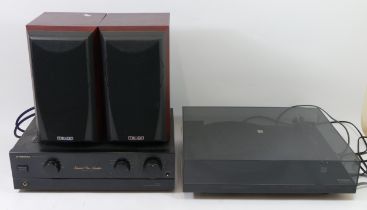 A Rega Planar 3 turntable, together with a Pioneer amplifier A-400, and a pair of Mission