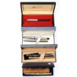 Sheaffer, a gold plated fountain pem with 14K gold nib, push button fill, named, case, another