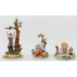 Three 20th century painted Capodimonte porcelain figures, child reading with elbows on her book