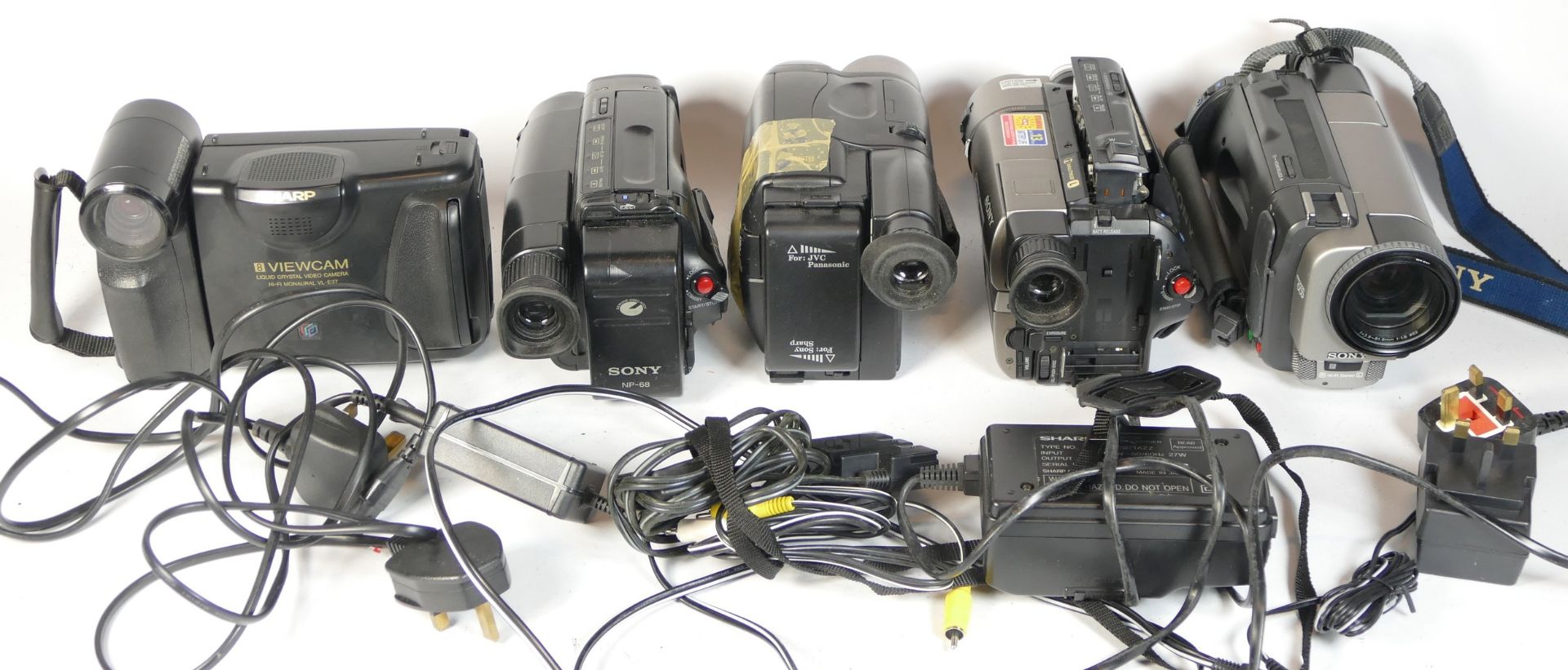 Five video camcorders comprising of a Sony CCD-TRV36E, a JVC GR-AX270E, a Sharp VL-E37H, a Sony