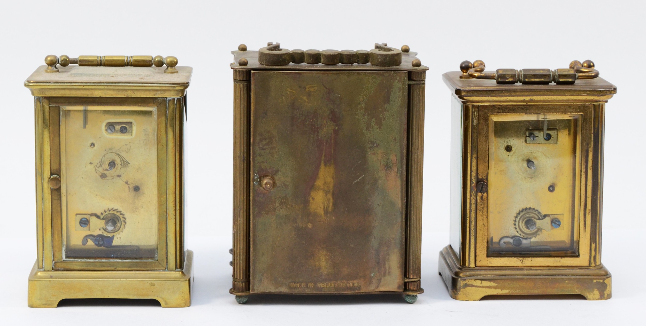 Three mid 20th century carriage clocks, having 8 day movements with floating balance enamelled dials - Image 3 of 5