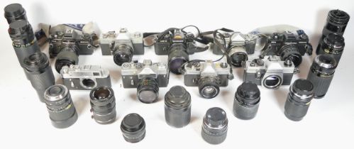 Nine SLR vintage film cameras to include a Chinon CE-4, a Fujica STX-1N, a Praktica Nova II and a