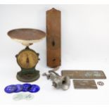 Early 20th century brass and cast metal Salter's scales, number 50 & 60, together with a mincer, two