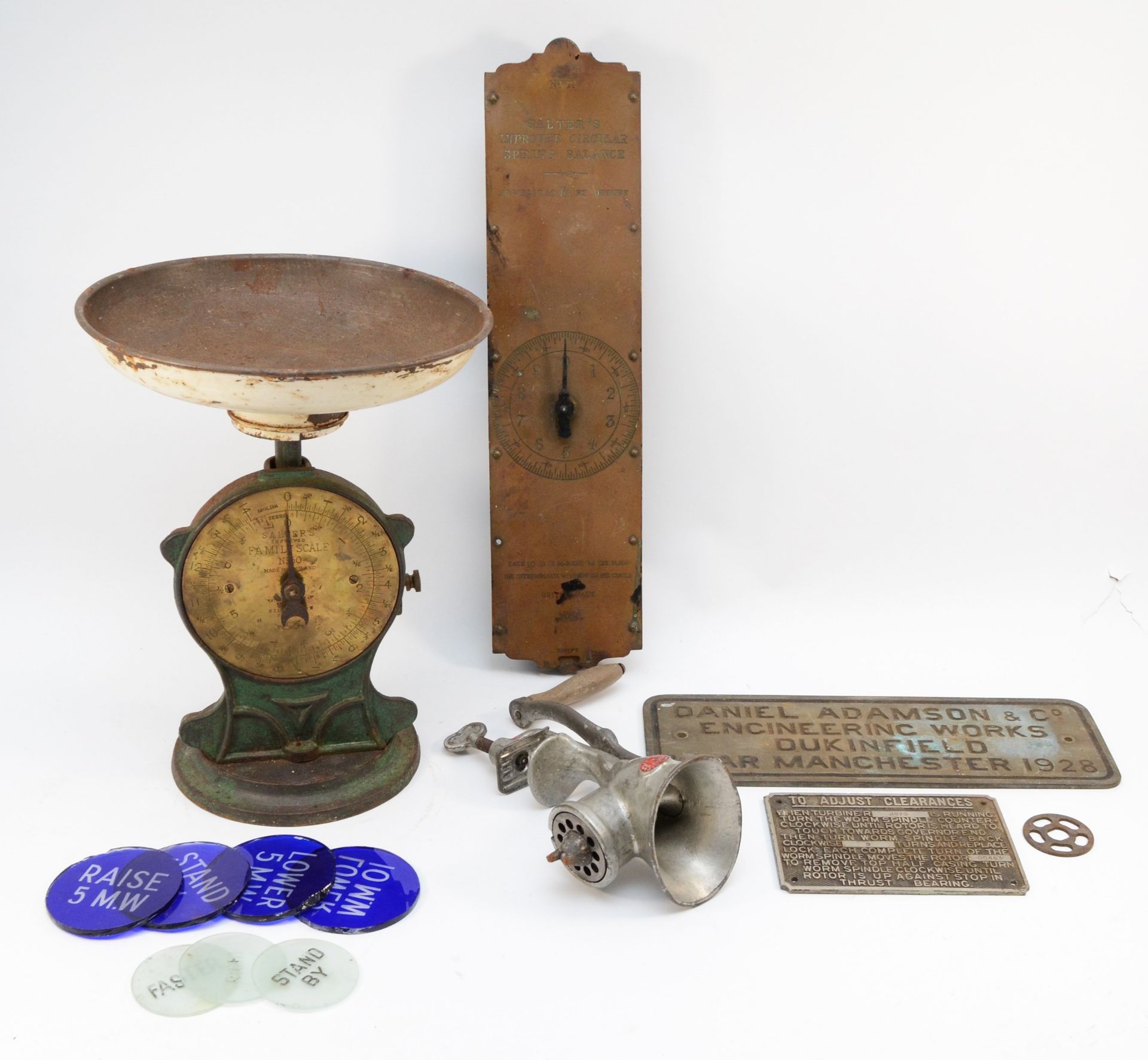 Early 20th century brass and cast metal Salter's scales, number 50 & 60, together with a mincer, two