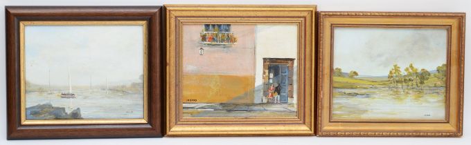J.R Cross - Street scene, oil on board, gilt framed, together with a lakeland scene and a landscape,