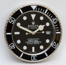A 'Rolex' style advertising wall clock, black dial reads 'Rolex Oyster Perpetual Submariner'