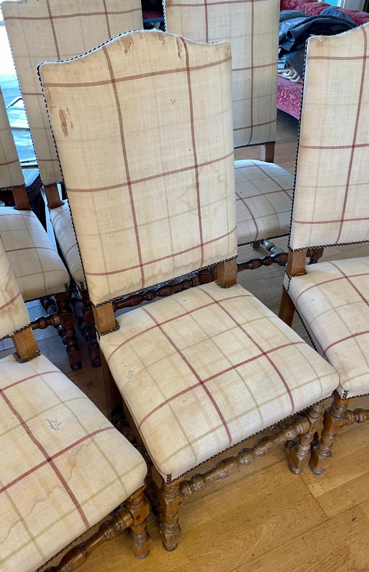 A set of six light oak high backed dining chairs, having upholstered sprung seats and padded - Image 2 of 3