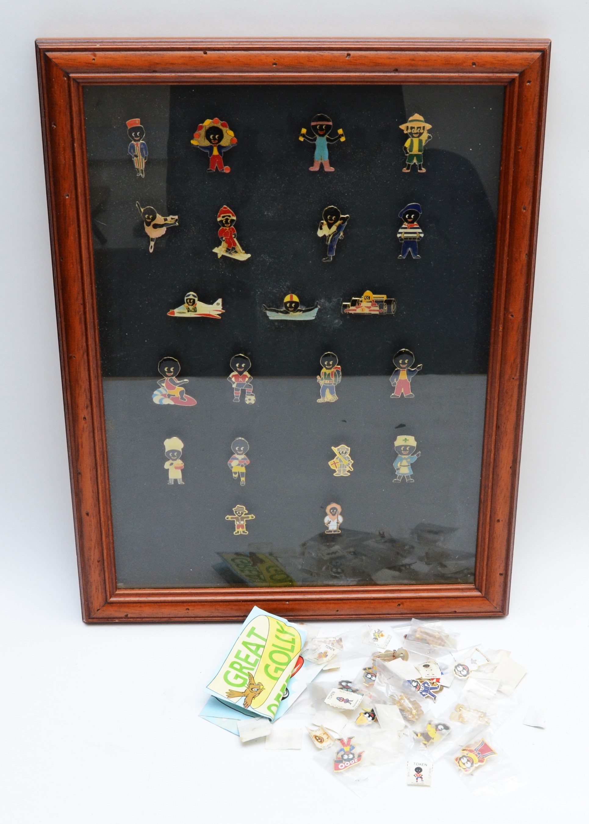 Collection of Robertsons enamelled Golly pin badges, loose and framed, circa mid 20th century and