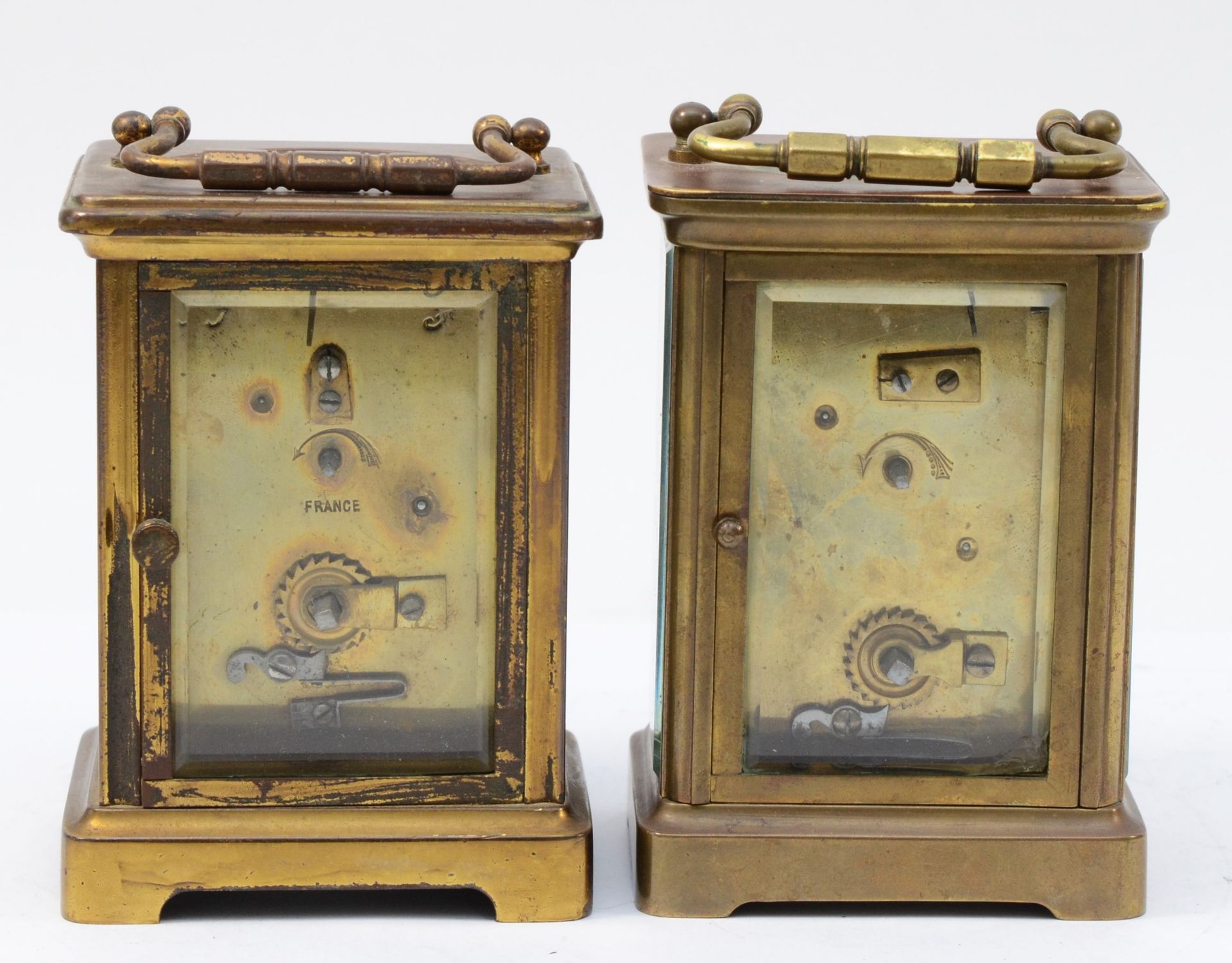 Two early 20th century French brass case carriage clocks, having 8 day movements stamped France. (2) - Image 3 of 5