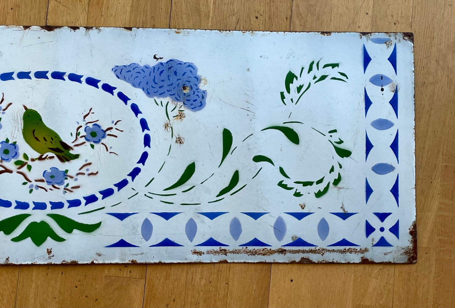 An early 20th century vitreous enamelled panel, depicting a bird amongst foliage. 122x38cm. - Image 3 of 5