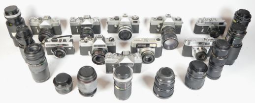 Ten SLR vintage film cameras to include a Colora Zeiss Ikon, a Hanimex R, a Zenit E and a Zenit B.