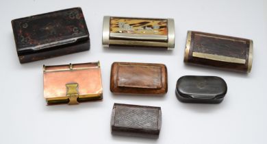 A collection of late 19th century and later snuff boxes, to include a brass and copper example in