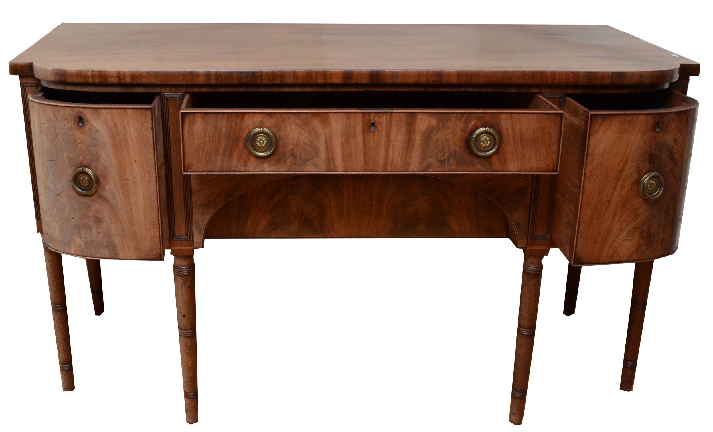 A late Victorian Hepplewhite style mahogany sideboard, the two bow fronted cupboards flanking two - Image 2 of 4