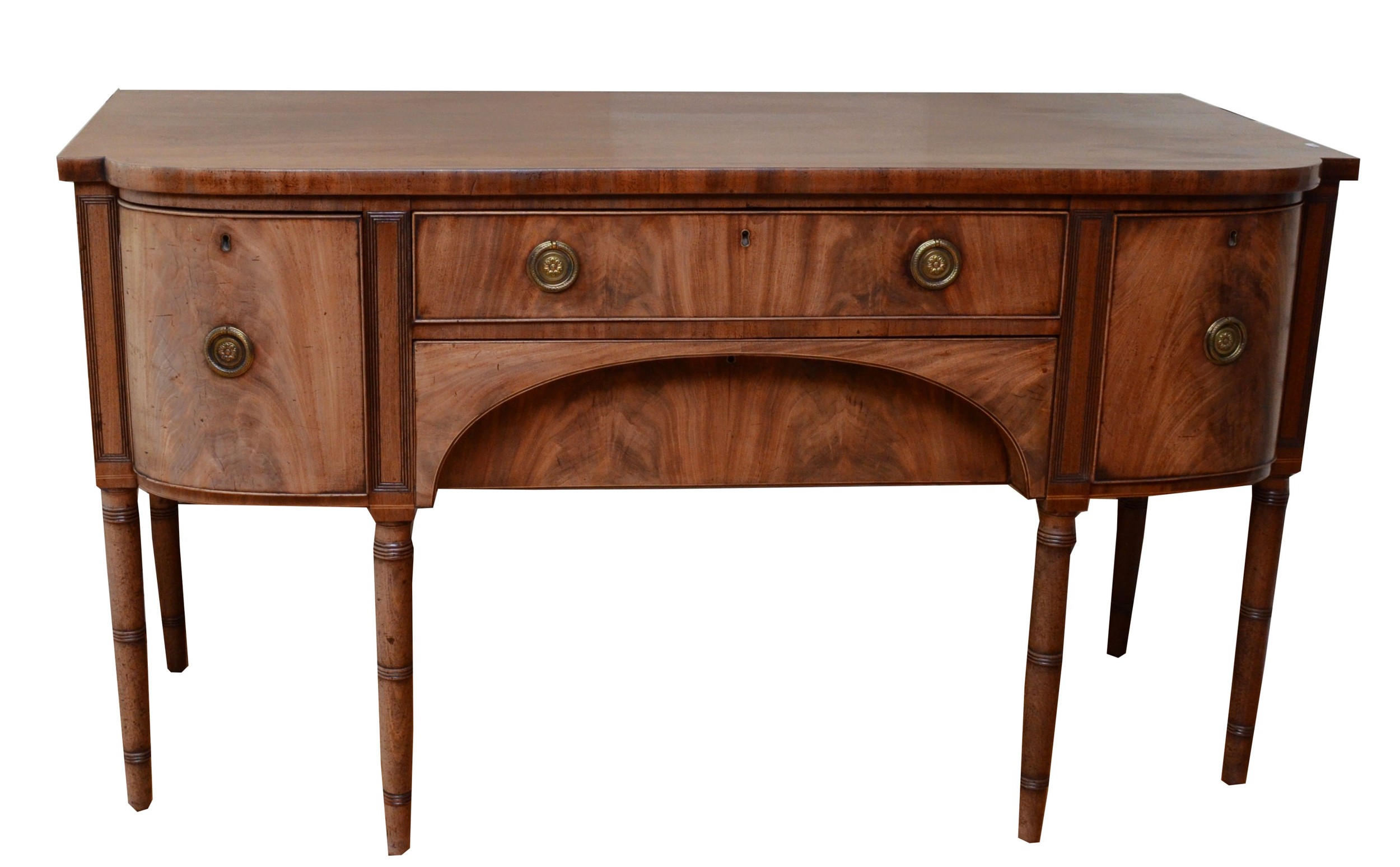 A late Victorian Hepplewhite style mahogany sideboard, the two bow fronted cupboards flanking two