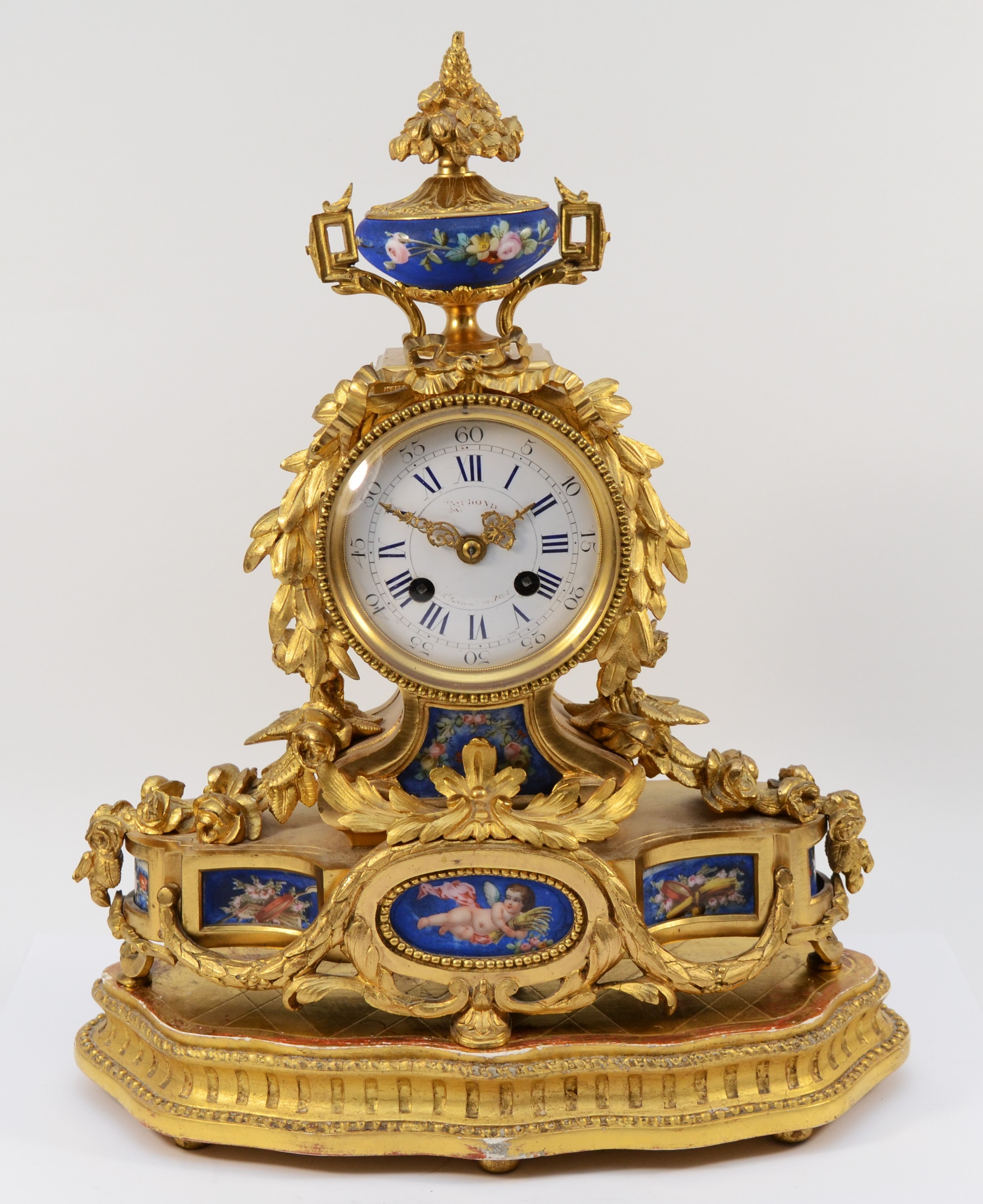 A French ormolu mounted Sèvres mantel clock, late 19th Century, of Louis XVI style, having 8 day