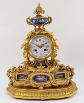 A French ormolu mounted Sèvres mantel clock, late 19th Century, of Louis XVI style, having 8 day