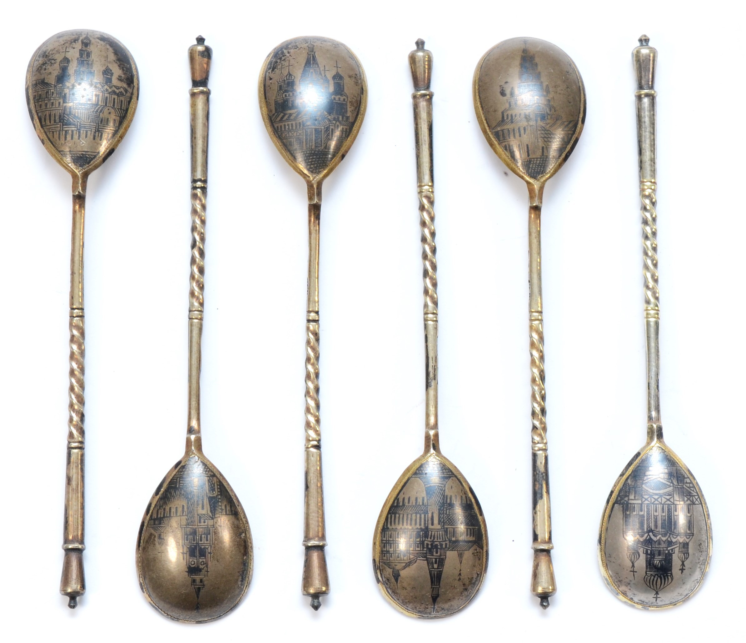 A Russian silver gilt and niello set of six lemon tea spoons, by Stepan Levin, Moscow c.1900, 84 - Image 3 of 6